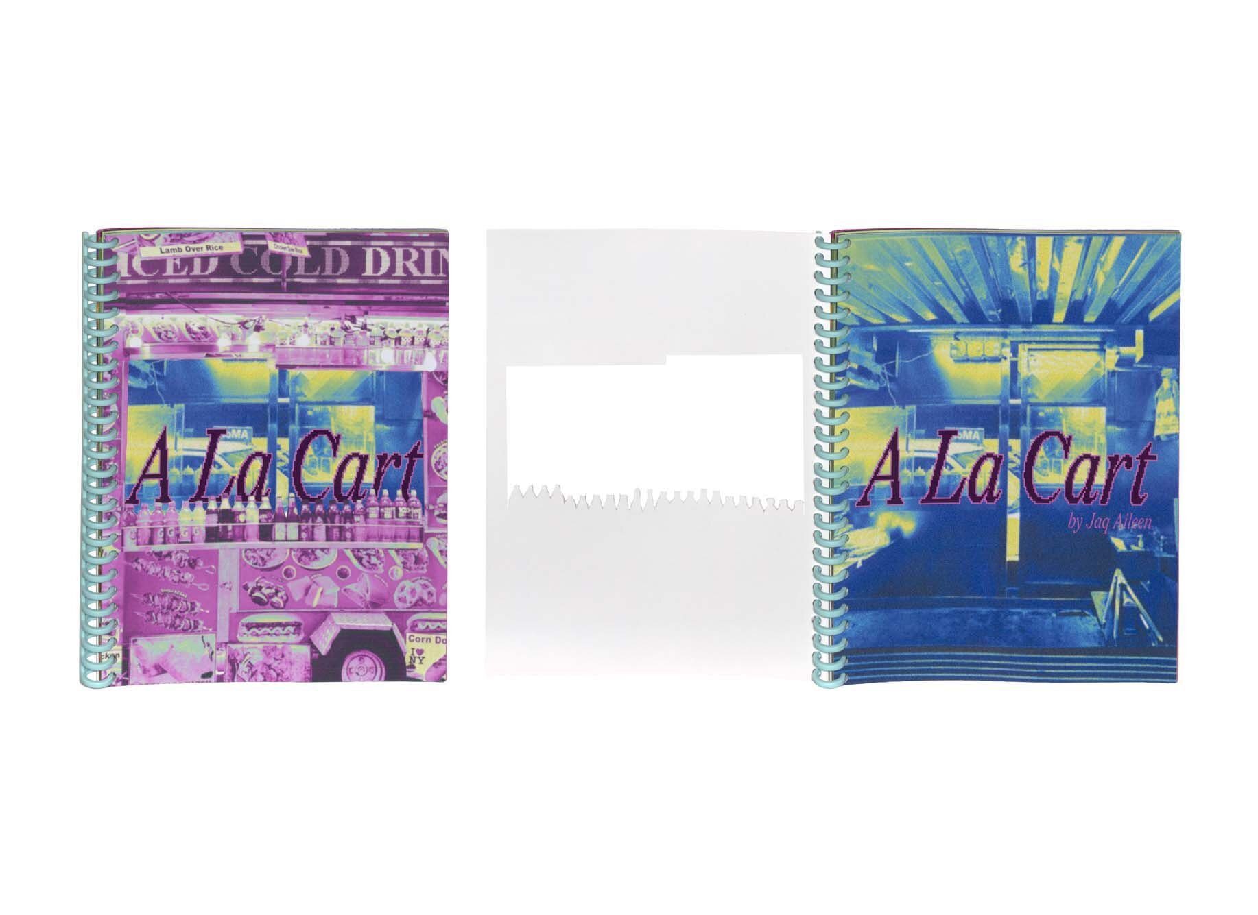 Cover of artist book next to a book with a page open to reveal the diecut.