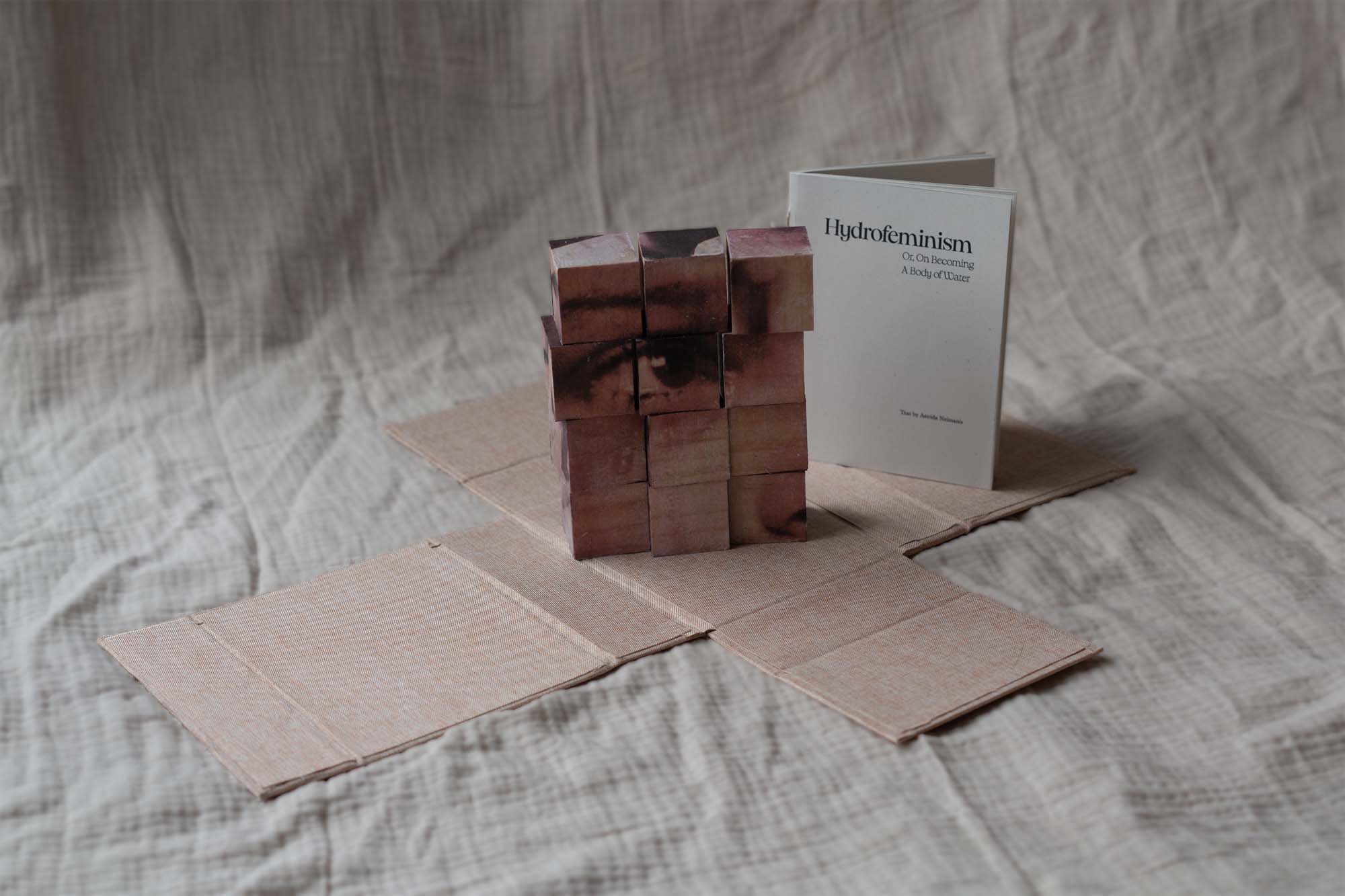 Beige lined box holding a zine and 12 image-transfered cubes.